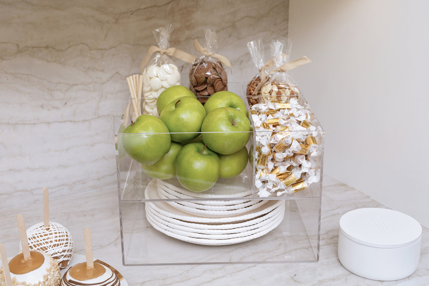 Carmel apple supplies beautifully displayed using the Acrylic Utensil Caddy.