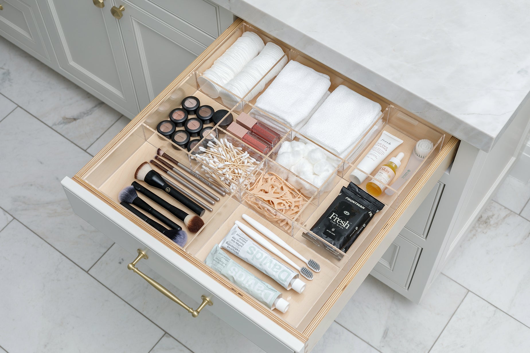 bathroom vanity drawer organizers toothbrush skincare