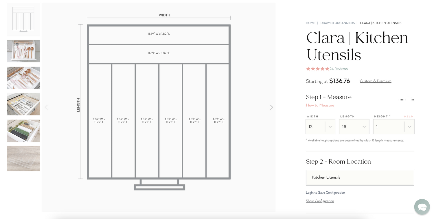 Screenshot of the Clara custom-fit organizer page on the Salt website. 